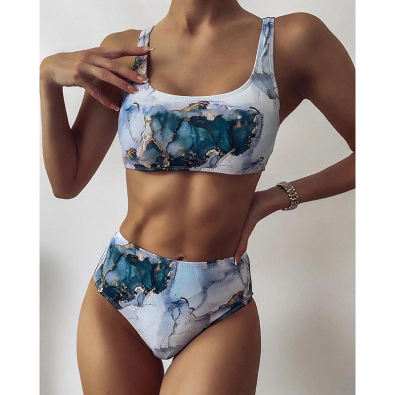 

Women' Swimwear 2021 Print Swimsuit Beach Camping Push Up Bikinis Sports Sexy Women High Waist Bathing Suit, Blue v-neck