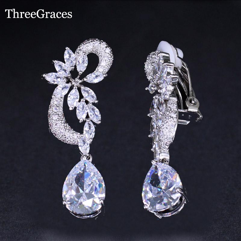

Clip-on & Screw Back ThreeGraces Arrival Ear Clip Women Jewelry Silver Color Clear Cubic Zircon Long Dangle Without Piercing Earrings ER137