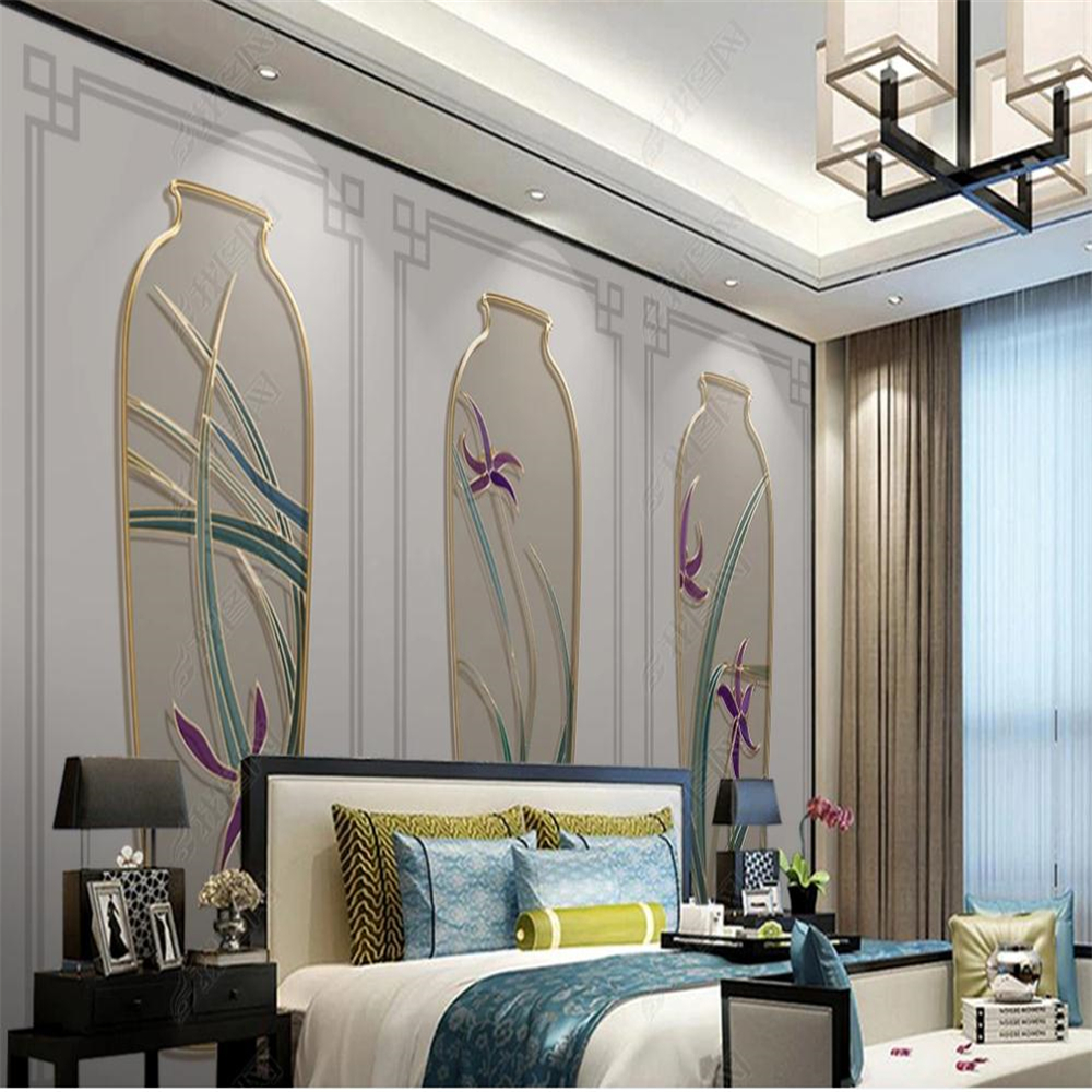 

beautiful scenery wallpapers orchid vase Chinese style border golden embossed line background wall, Same as photo