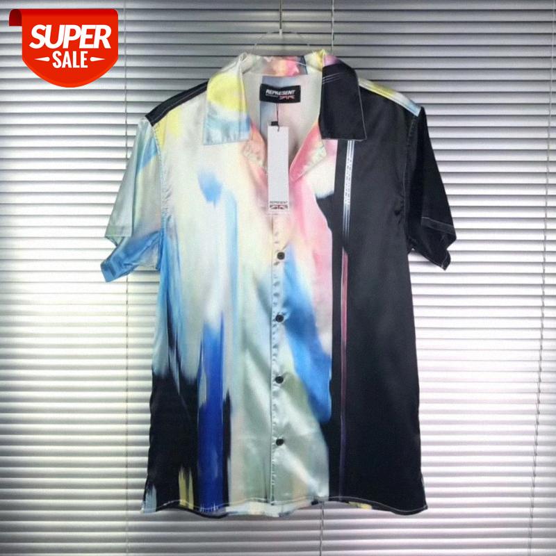 

Street short-sleeved shirt lake water blue rendering silk satin #Fc8f, White;black