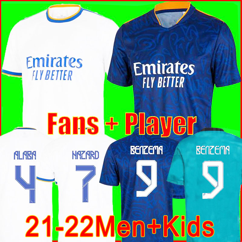 

REAL MADRID jerseys 21 22 soccer football shirt CAMAVINGA ALABA HAZARD BENZEMA ASENSIO MODRIC MARCELO VALVERDE camiseta men + kids kit 2021 2022 uniforms fourth, 21/22 away men+patch