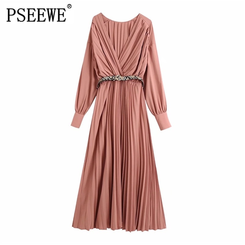 

Summer Woman Ruched dress Women Dresses Fashion Long Sleeves Elegant Pleated V-neck Midi Dress 210519, Pink