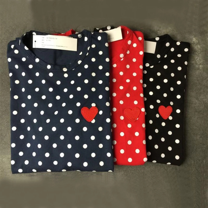 

Couple T shirts Autumn Love Peach Wave Point Round Neck Long-sleeved Cotton T-shirt Men Women Embroidery Thin Shirt, Red