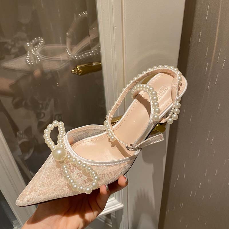 

slippers european and american mesh pearl baotou thin heeled sandals pointed bow high heels women qp5y, Black