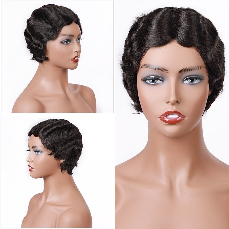 

pattern Water short wave curly big Shanghai cheongsam female human hair wigs, 1b