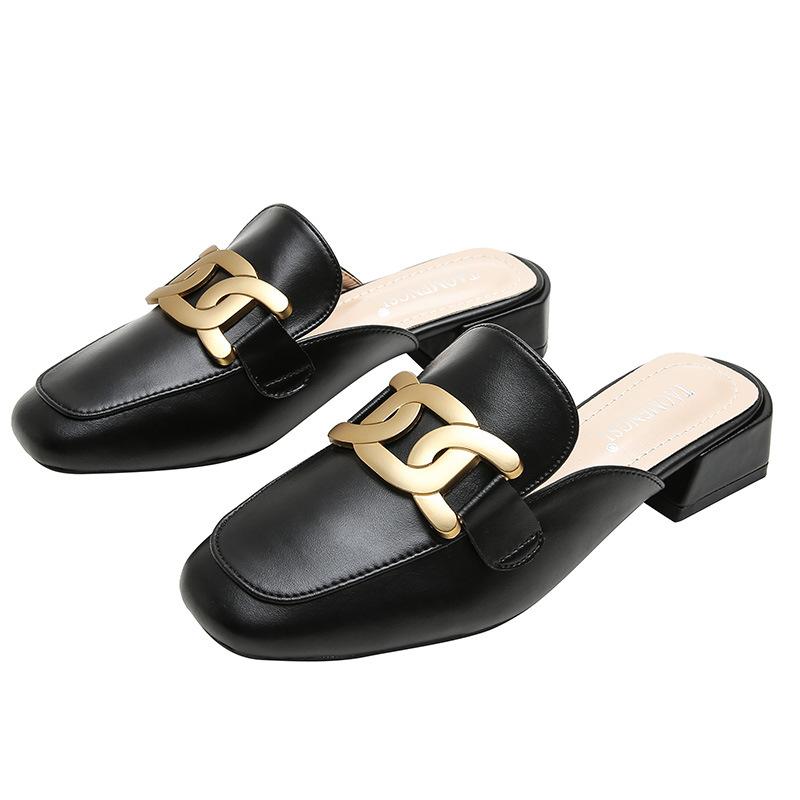 

Slippers Shoes Women 2021 Flat Outer Wear Summer Metal Mules Women's Thick Heel Bottom Large Size, Beige