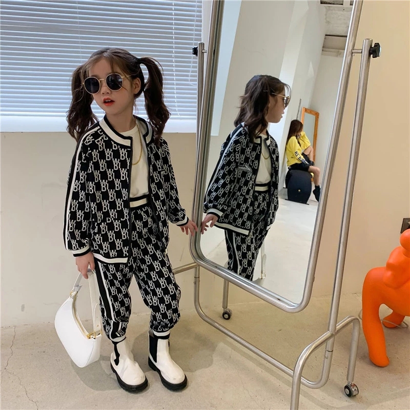 

Girls Suit Clothing Sets Coat +Pants 2Pcs/Sets 2021 Sweet Spring Autumn Toddler Kids Teenagers Cotton Tracksuit Sport Suits Children Clothing, Black