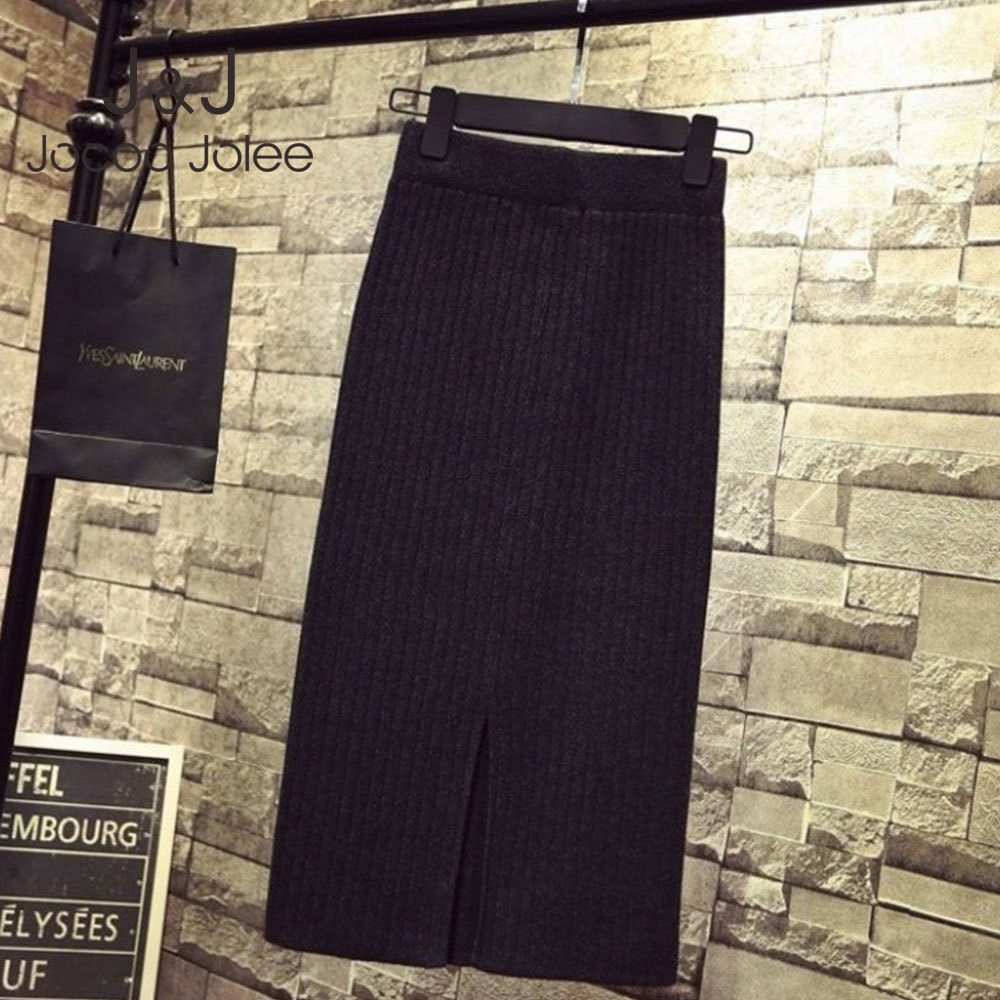 

High Waist Harajuku Chic Split Skirts Autumn Winter Knee-Length Bodycon Skirts Women Vintage Knitted Skirt Elegant Wrap 210518, As photo