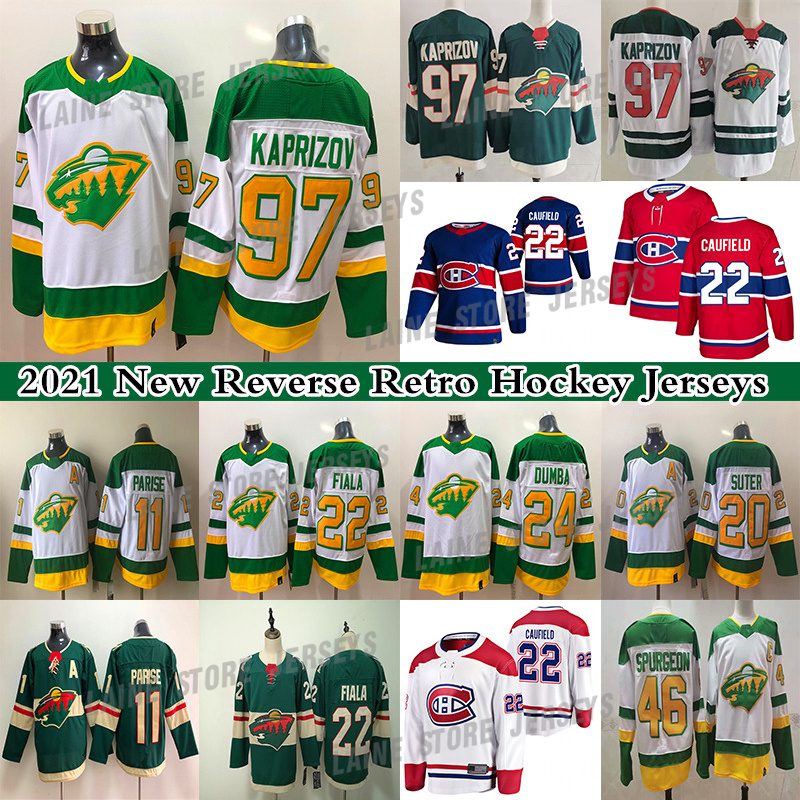 

2021 Reverse Retro hockey jersey Minnesota Wild 97 Kirill Kaprizov Montreal Canadiens 22 Cole Caufield 11 Parise Fiala 24 Matt Dumba Jerseys, Green