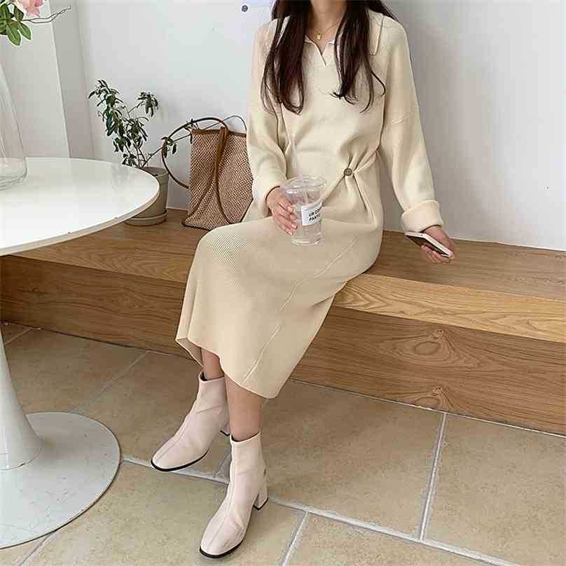 

Women Korean Dress Spring Autumn Slim High Waist Turn Down Collar Sweater es Ladies Eleagnt Knitted Midi Vestidos 210525, Black