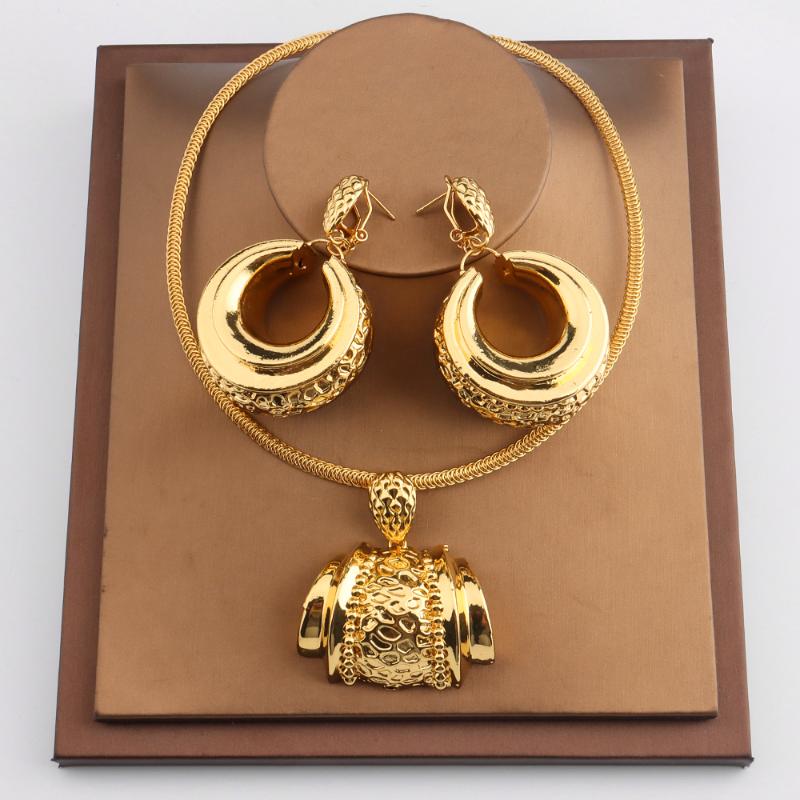 

Earrings & Necklace African Jewelry Set For Women Fashion Dubai Wedding Pendant Bridal Design Gold Plated Nigerian Accessory, As pic