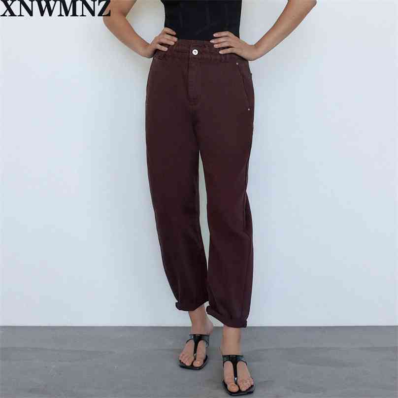 

women Baggy paperbag High-waist jeans featuring an elastic waist patch pockets front zip metal top button 210520, Brown