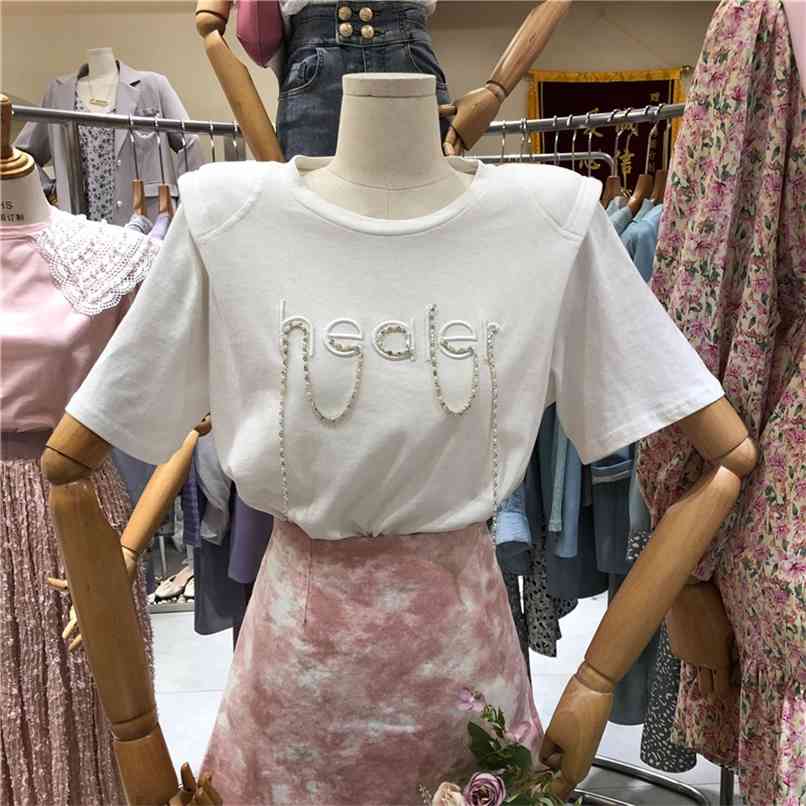 

High Quality Cotton Women's Tops Beads Letter Short Sleeve T-shirt Women All-macthing Loose Casual Tee 210602, Blue