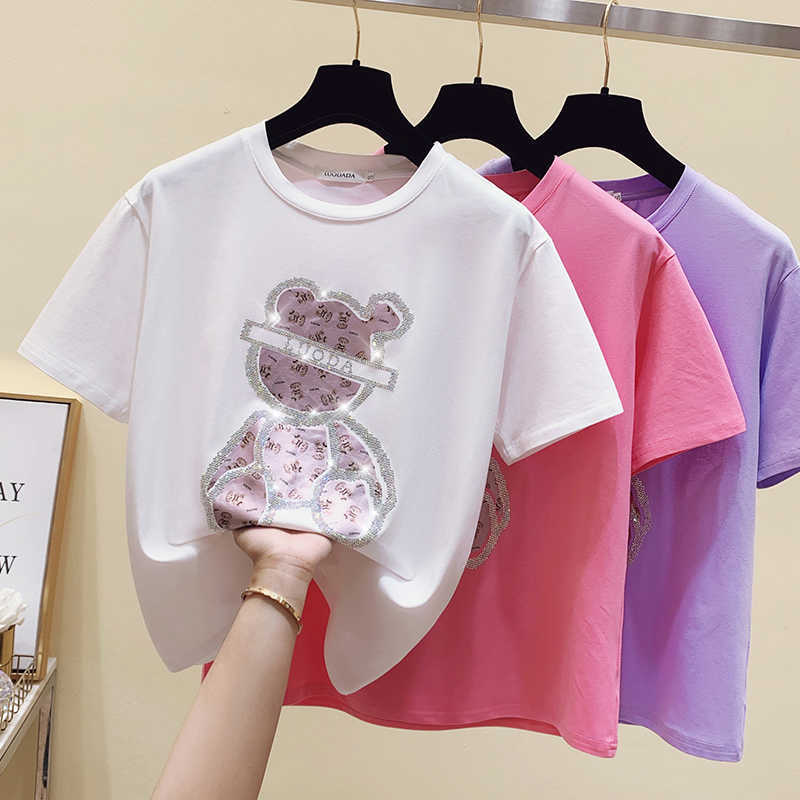 

Kawaii White Loose Summer Tops Woman Plus Size Short Sleeve Oversized T shirt Women Clothing Tshirt Diamond Fashion Pink 210604