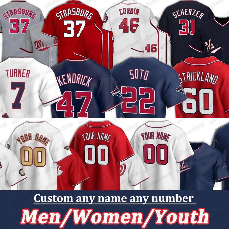 

2021 Custom Jerseys Juan Soto Max Scherzer Stephen Strasburg Trea Turner Patrick Corbin Howie Kendrick Eaton Robles Mens Womens Youth Baseball Jerseys