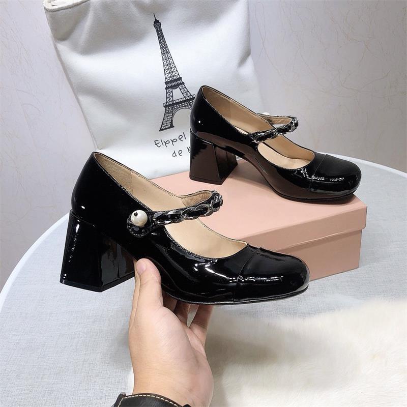 

Dress Shoes 2021 Autumn Women High Heels Pumps Mary Janes Square Toe Shallow Sweet Ladies With Pearl Buckled Sapato Feminino 35-40, Black