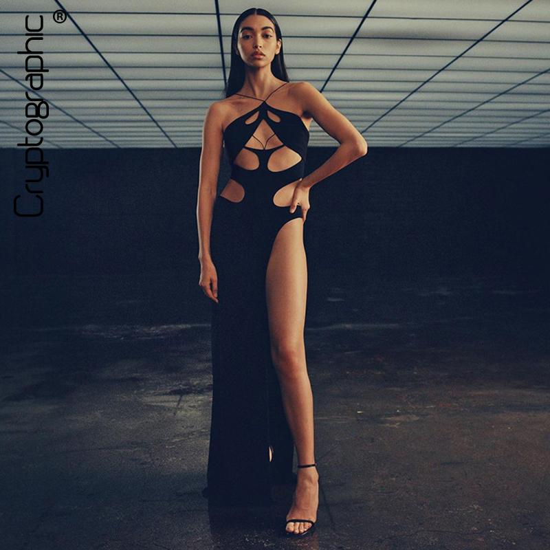

Casual Dresses Cryptographic Fashion Black Halter Cut Out Hight Waist Split Long Dress Women Club Party Sexy Backless Maxi Clothes
