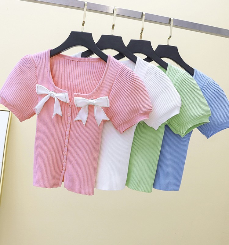 

Women's Sweet Cute Bowknot Short Sleeve Slim Cardigan Sweater Korean Style Knitted Thin Fashion Chic Top Female 210518, Green