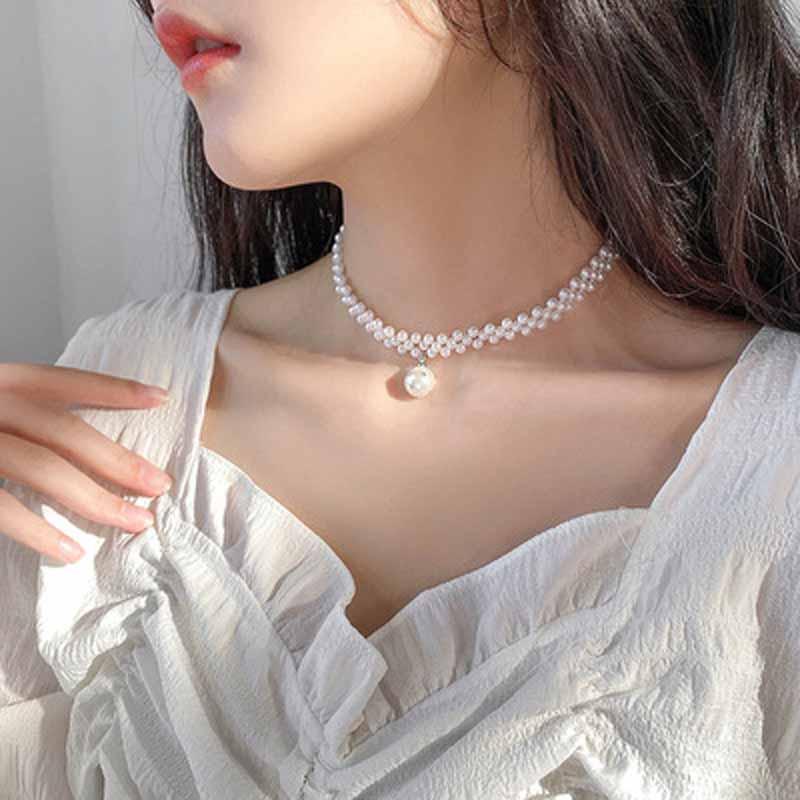 Chokers 2021 Fashion Short Style Pearl Clavicle Chain Fairy Temperament Versatile Simple Alloy Geometric Round Trend Necklace For Women-image-697809829