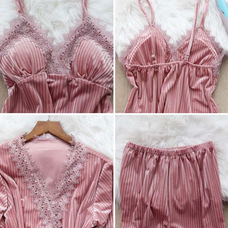 

2021queenral 3pcs gold velvet pajamas set for women warm pyjama lace pajamas winter sleepwear nightdress homewear pijamas, Black;red