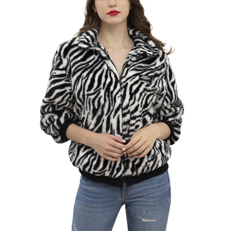 

Women' Jackets Korean Coat Women Warm Zebra Pattern Fashion Jacket Fluffy Faux Fur Cardigan Casual Loose Outwear Autumn Winter Tops, Black