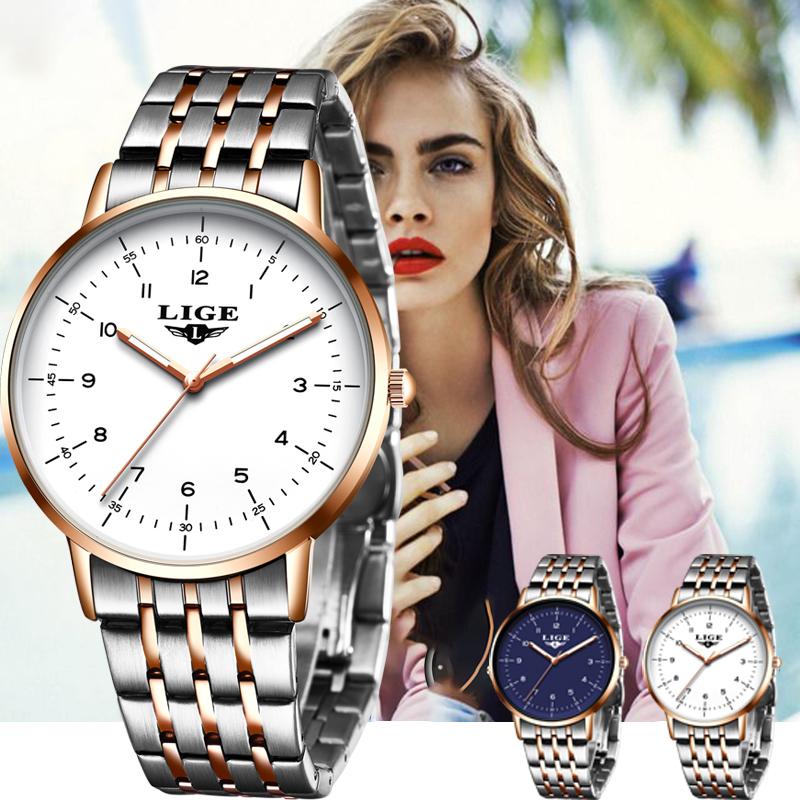 

Wristwatches LIGE Women Watches Top Ladies Watch Waterproof Stainless Steel Bracelet Clock Relogio Feminino, Silver blue