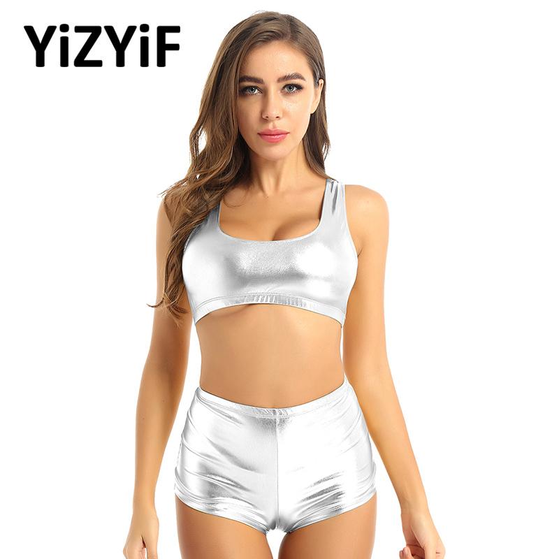 

Two Piece Swimsuit Womens Bathing Suit Bikinis Shiny Metallic Swimwear Dance Fitness Sports Gym Outfit Crop Top With Shorts One-Piece Suits