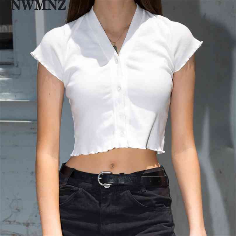 

harajuku Center Buttons tshirt Streetwear White V Neck Crop Tops Fashion Short Sleeve Women T-shirt 210520, Beige