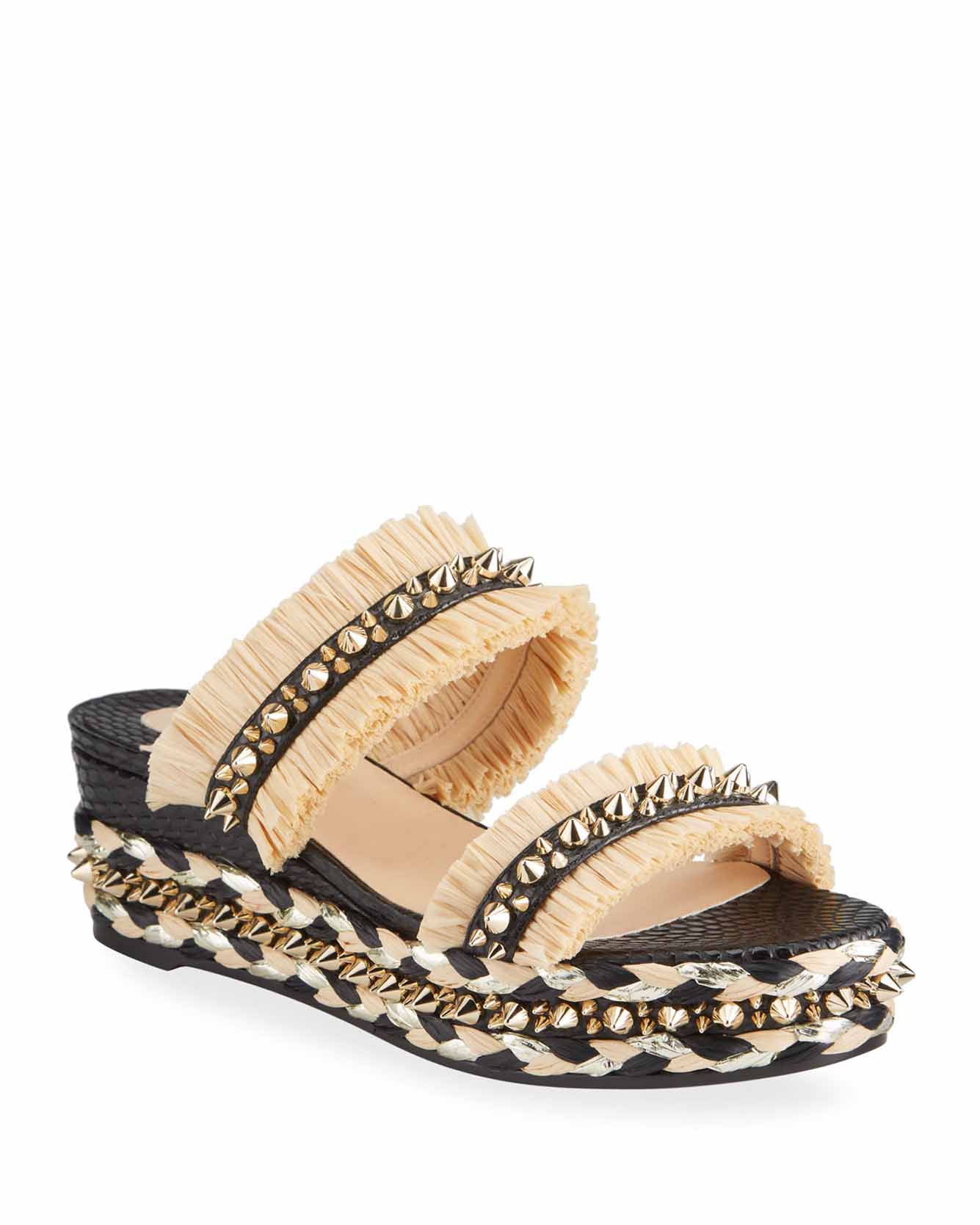

Summer Wedge Flat Sandal slip women shoes red bottom Voltinoudou Raffia Spike Flatform Sandals lady casual slipper wedges with box dust bag, Black