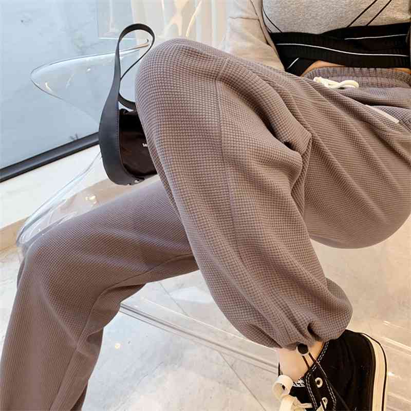 

Waffle grey sweat women's new loose spring and autumn Leggings versatile wide leg casual guard pants, Black