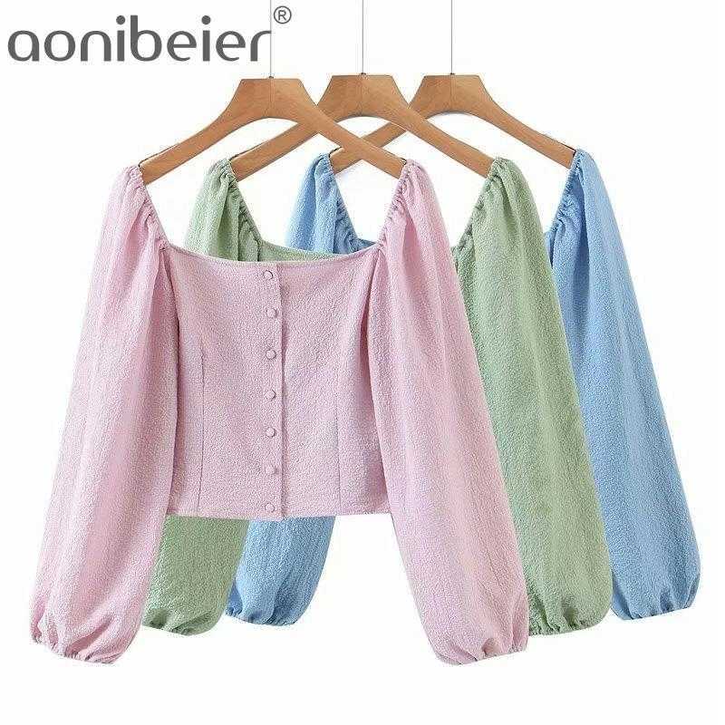 

Solid Color Textured Casual Blouses Summer Fashion Square Collar Puff Sleeve Women Slim Shirts Female Crop Tops Green 210604, Hp