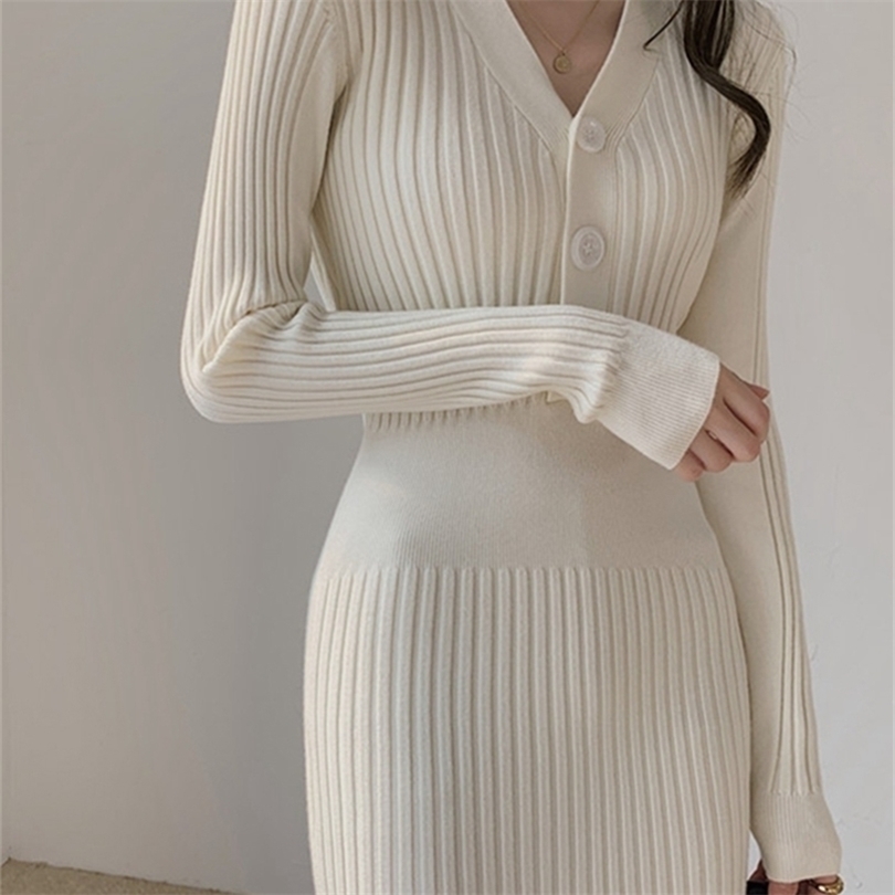 

White Black Jumper Dresses Winter V Neck Casual Pollover Solid Sweater Dres Thick Korean Warm Autumn Woman Knitted 211109, Lemon yellow