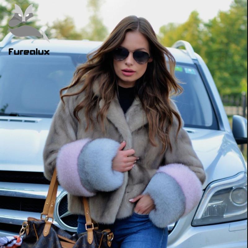 

Women's Fur & Faux Furealux 2021 Short Real Mink Coat Natural Whole Skin Color Cuff Jacket Ladies Winter High Quality Outerwear, Length50