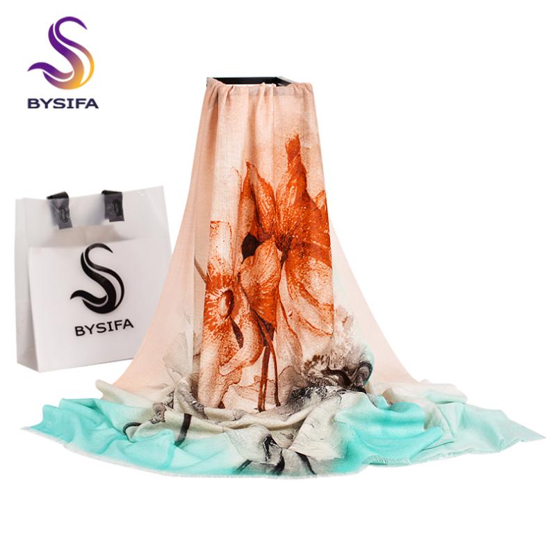 

[BYSIFA] 2021 Fashion Long Wool Scarf Shawl Women Accessories Chinese Style Ink Louts Winter 100% Scarves Foulard 190*75cm Bandanas