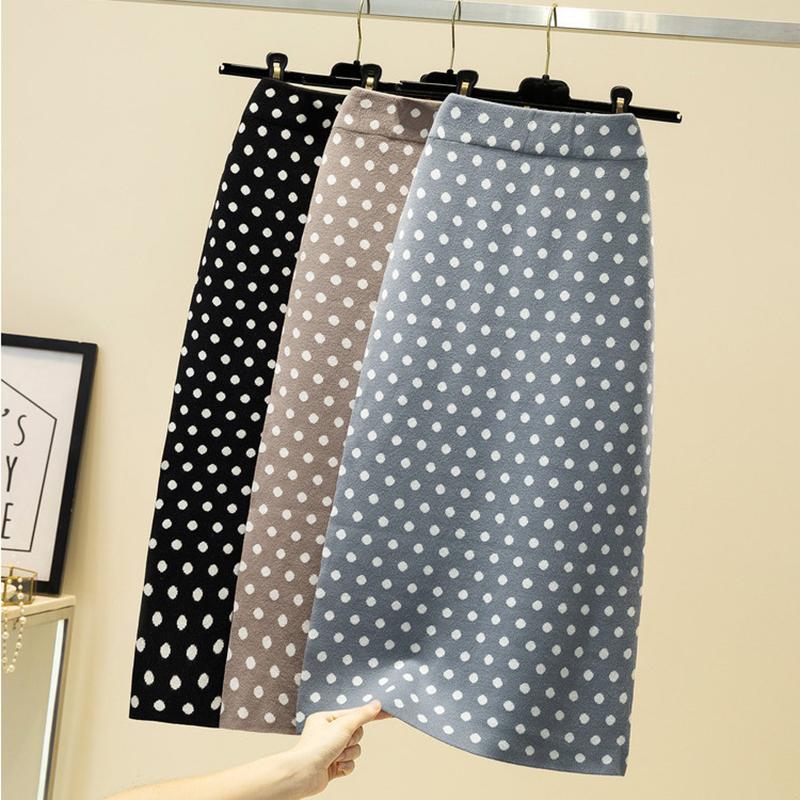 

Skirts AOSSVIAO Knitted Half-length Skirt Women's High Waist One-step Autumn And Winter Hip Open-forked Elegant Dots, Black