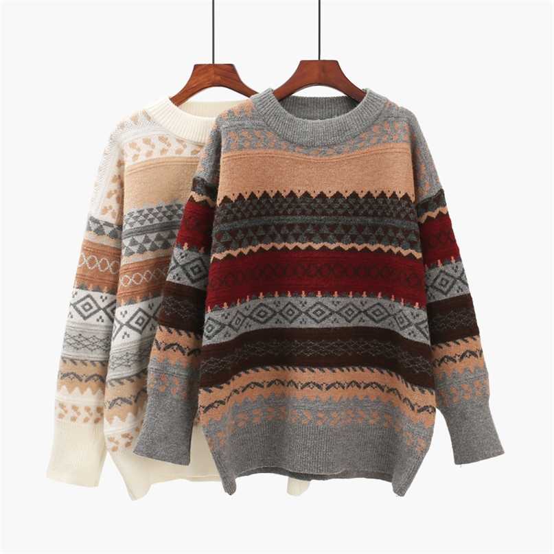 

H.SA Winter Women Sweater Pullover Knit Jumpers Loose Striped Pull Jumpers Korean Style Knitwear Casual Top Argyle Sweater 211214, Lm8529-d beige