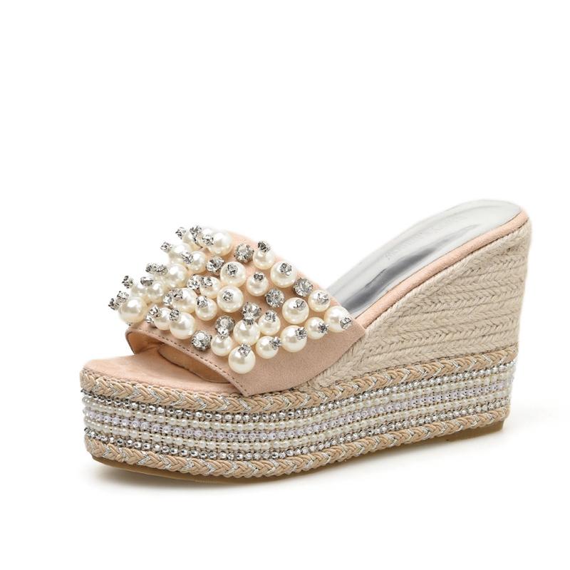 

Slippers 2021 Wedges Straw Rope Beaded Rhinestone Pearl Women Wedge Sandals Beach Shoes Summer Outdoor Flip Flop, Black