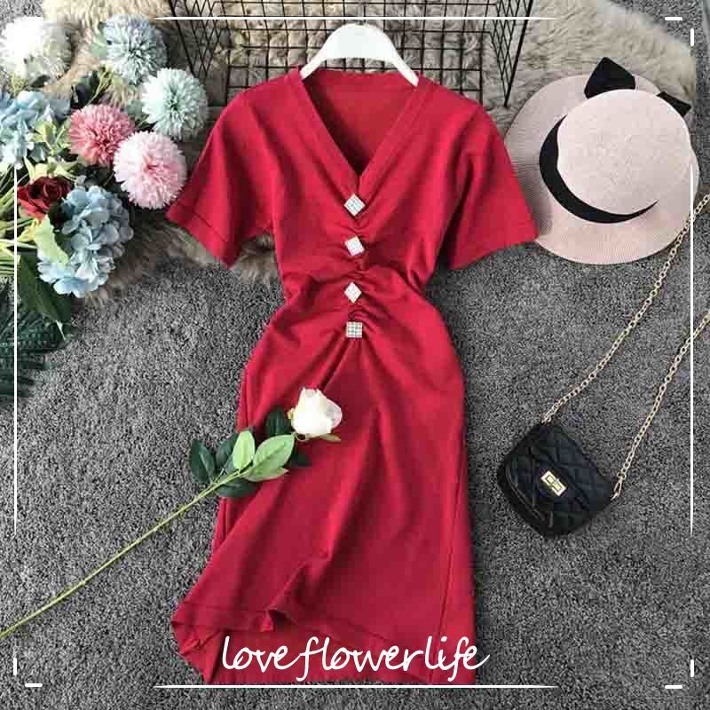 

Vintage Summer Knitting Dress Women Short Sleeve V-neck Solid Sexy Dresses Elegant Ladies Slim Party Bodycon Knit Vestidos 210521, Burgundy