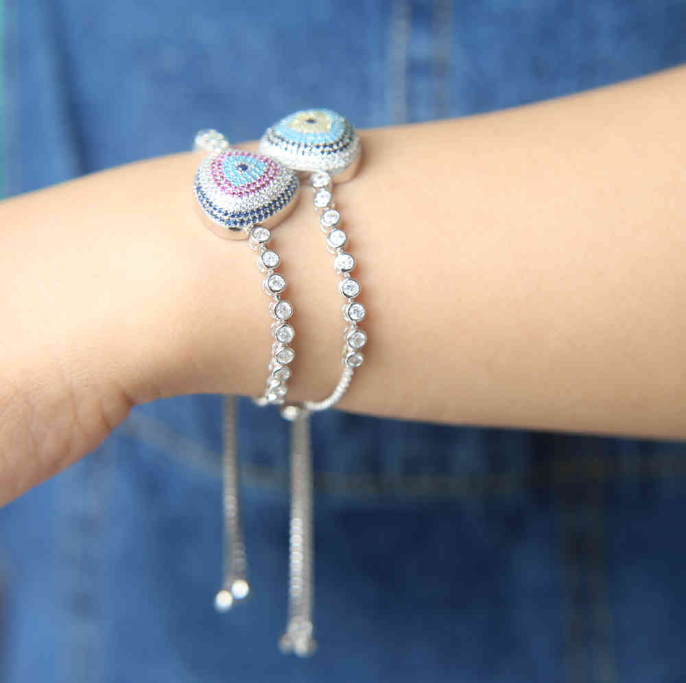 

Luxury micro pave setting AAA multicolour stones turkish style eye shaped tennis bracelet Adjustable Box Chain Jewelry Gift