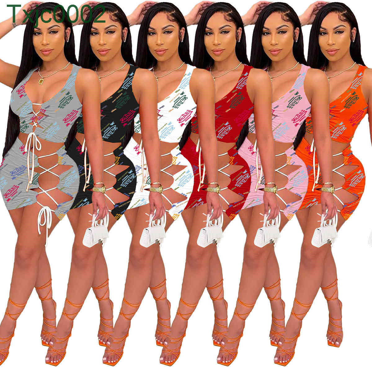 

Women Two Piece Dress Set Summer Sexy Beach Clothing Print Letter Sleeveless Skirt Sexy Night Club Wear Crop Top Mini Skirt Suit, Orange-6