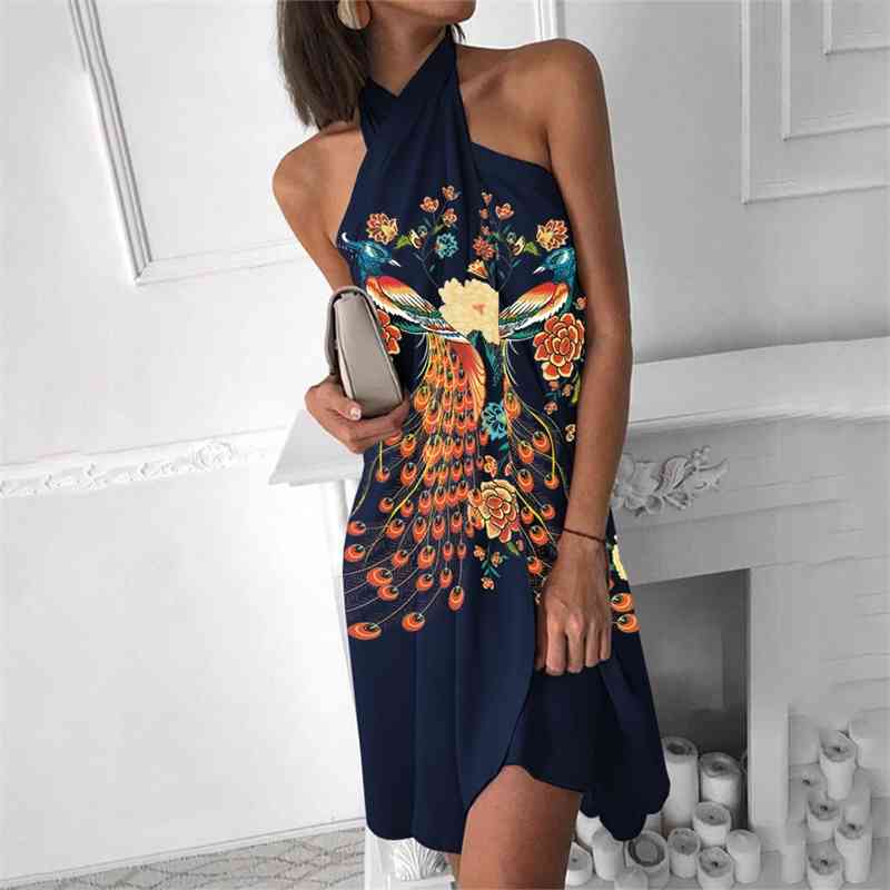 

2021Summer new women' peacock print sleeve less irregular hem hanging neck sexy beach skirt, Black