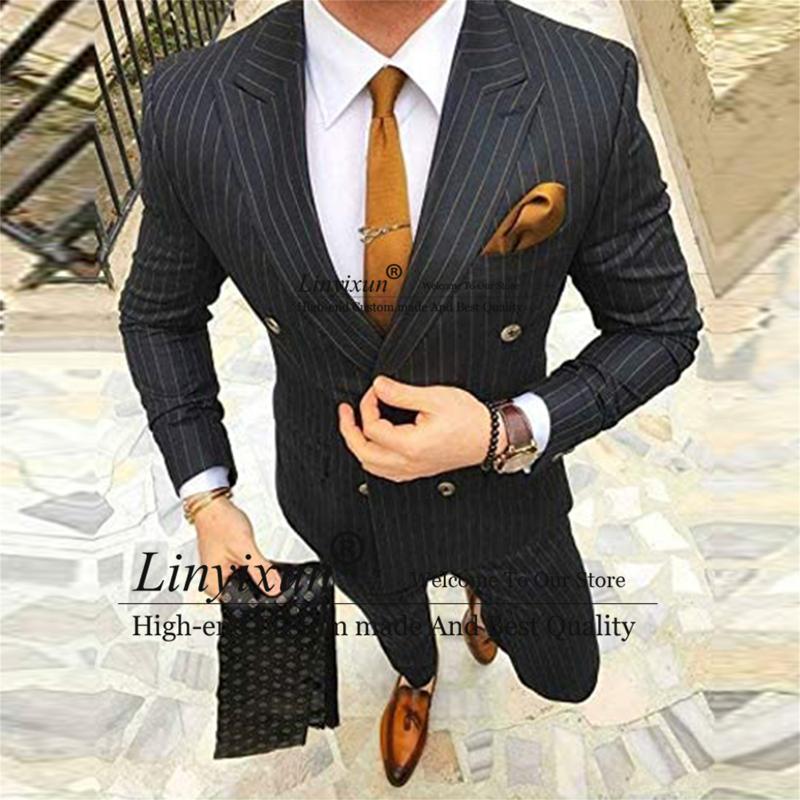 

Men's Suits & Blazers Black Business Pinstripe Mens Classic Double Breasted Jackets With Pants Slim Fit Stripe Formal Prom Party Groom Tuxed, Ivory