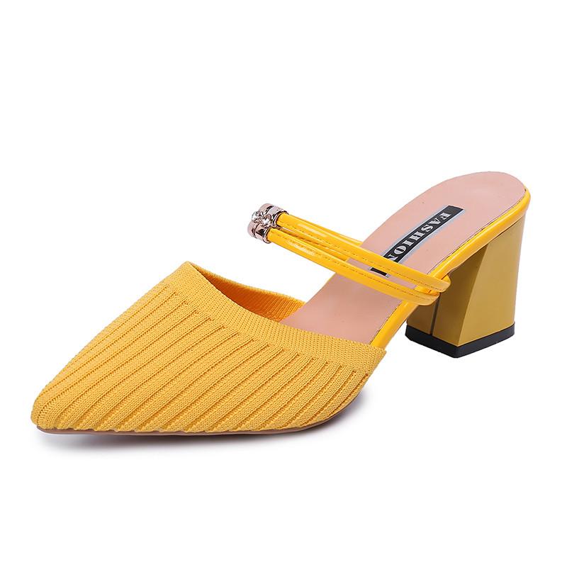 

Dress Shoes Knitted Elastic Mesh High Heels Spring Autumn Women Fashion Rhinestone Square Heel Mules Slip-On Thin Pumps 658, Yellow thin heel