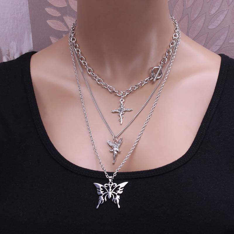 

Pendant Necklaces Butterfly Lock Chains Necklace Angel Layered Choker-Aesthetic Chunky Fashion Key Chain Jewelry Gifts