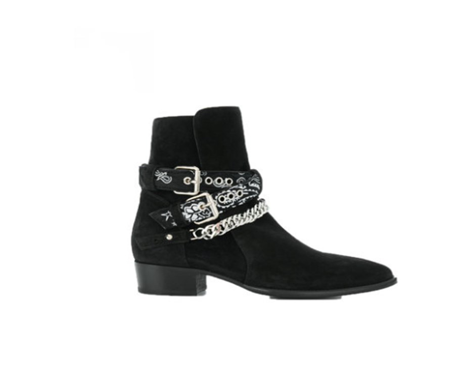 

2020 Fashion chain personality half boots factory outlet new list pointed nubuck genuine leather cowboy ankle tide boots, Black