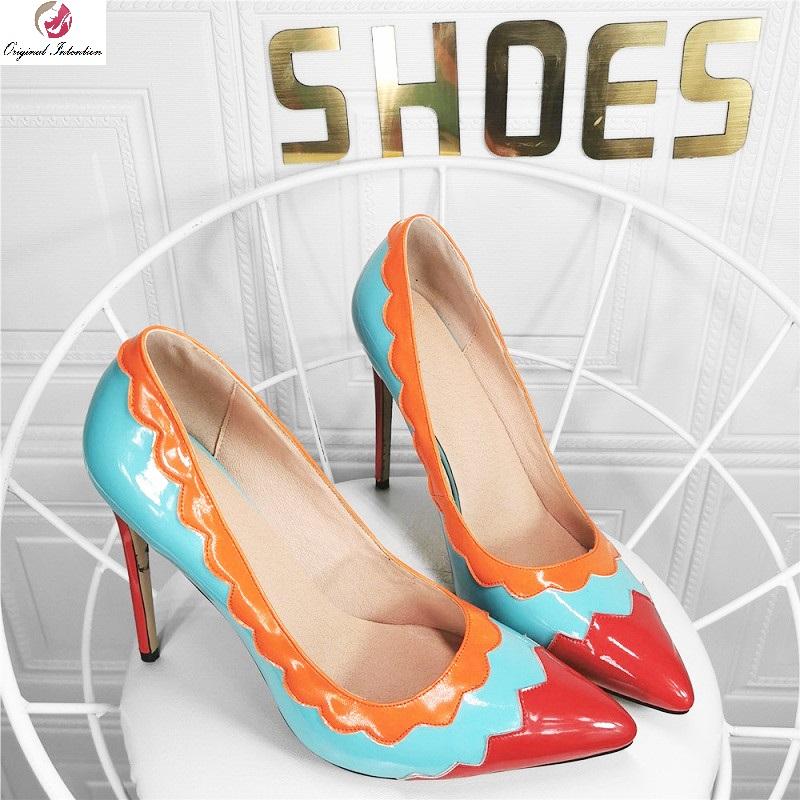 

Dress Shoes Fashion Gladiator Pumps Women Sexy Pointed Toe Mixed Colors Patent Leather Thin High Heels Lady Red Blue Orange Size 46 47, Ef9041 blue pumps