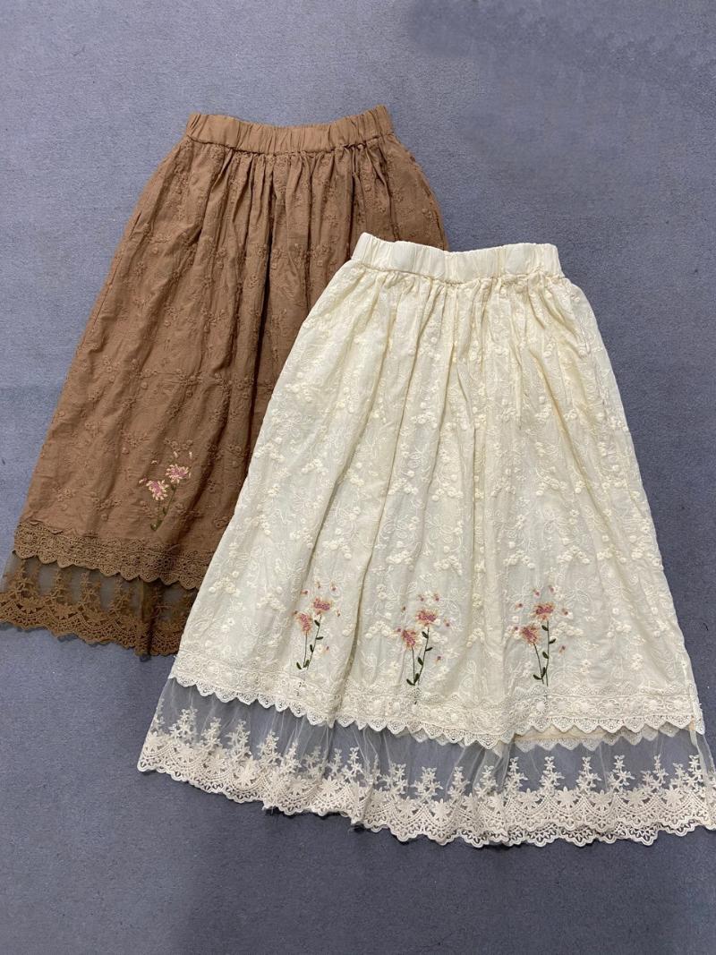 

Skirts 2021 Summer Artsy Sweet Elastic Waist Lace Stitching Cotton Skirt Embroidered Solid Loose Thin, Beige