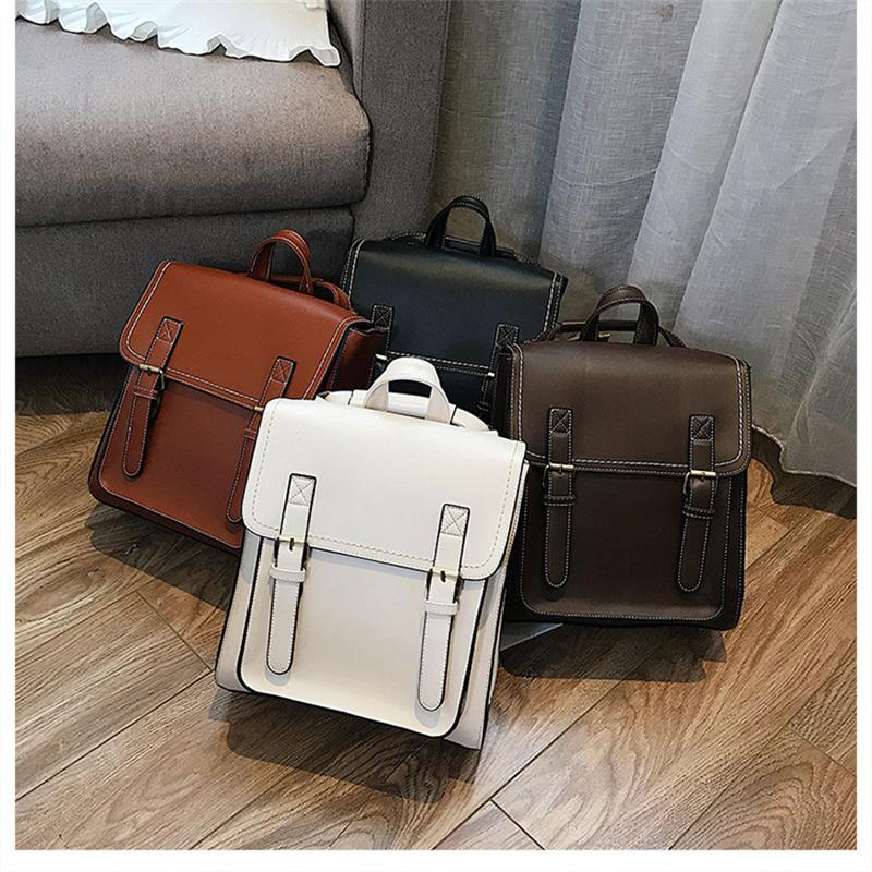 

School Bags Women Fashion Solid Color PU Leather Backpack Female Large Capacity Shoulder Bag Crossbody Messenger, Black