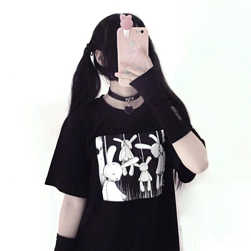 

Women's t shirt harajuku goth anime Rabbit Oversized print round neck loose short sleeves plus size clothing Top Tee, White