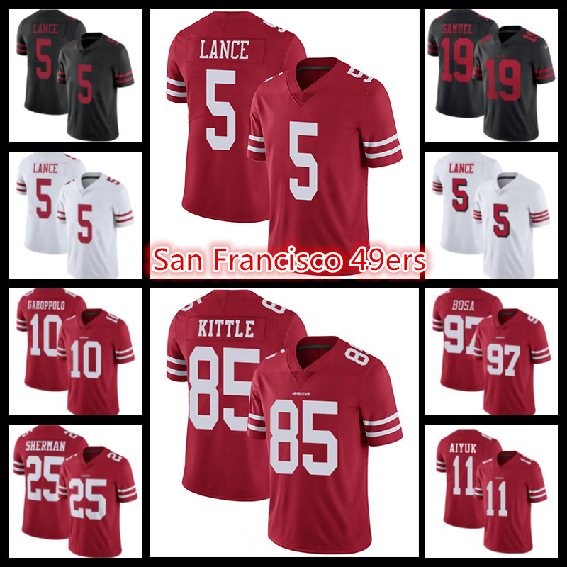 

5 Trey Lance Jersey Football 85 George Kittle 97 Nick Bosa 54 Fred Warner 19 Deebo Samuel Brandon Aiyuk Jimmy Garoppolo Richard Sherman Men Arik Armstead Jaquiski, Women jersey